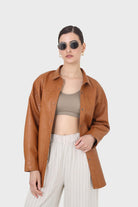 Camel vegan leather oversized shirt_10