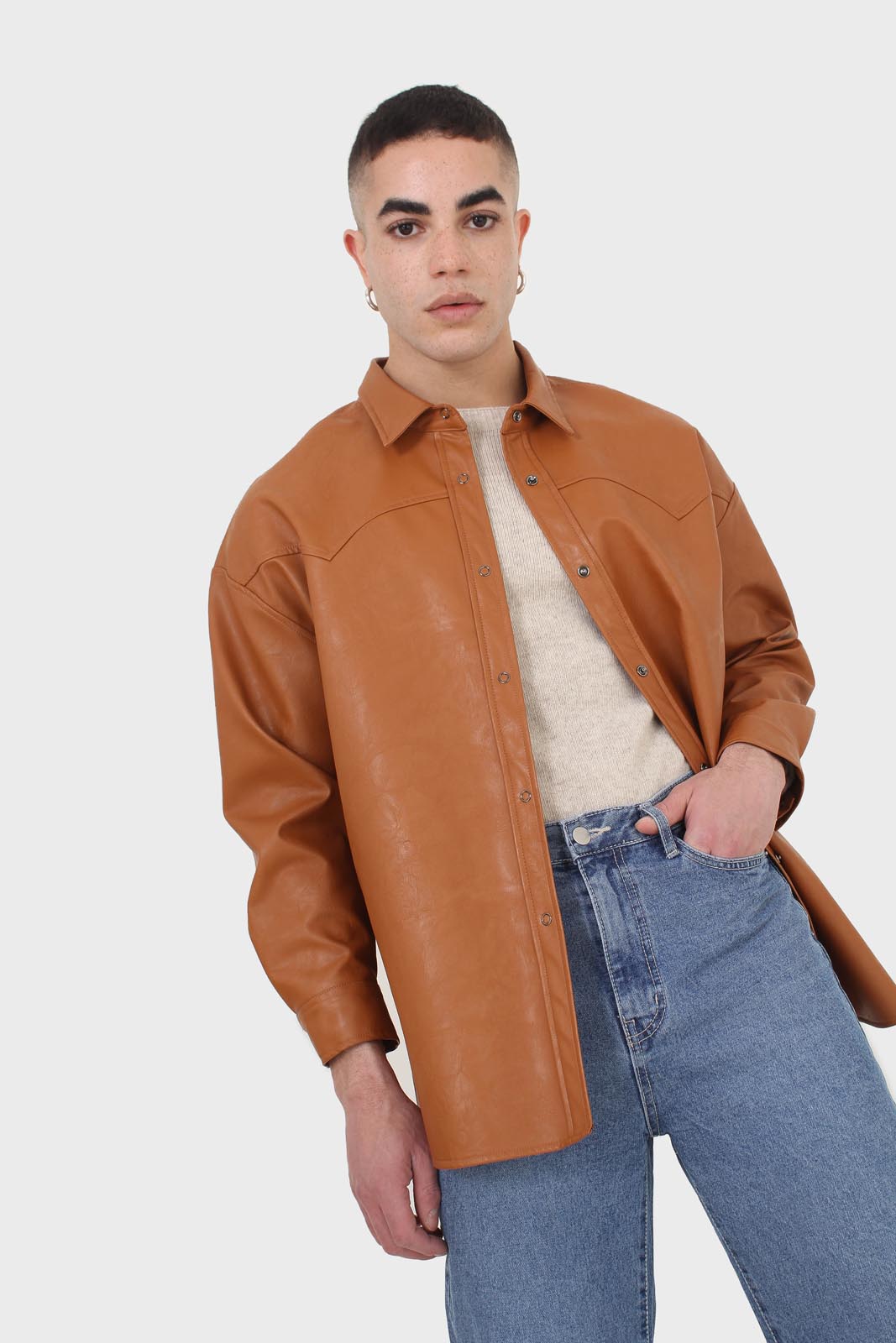 Camel vegan leather oversized shirt_6