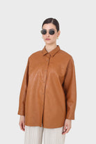 Camel vegan leather oversized shirt_12