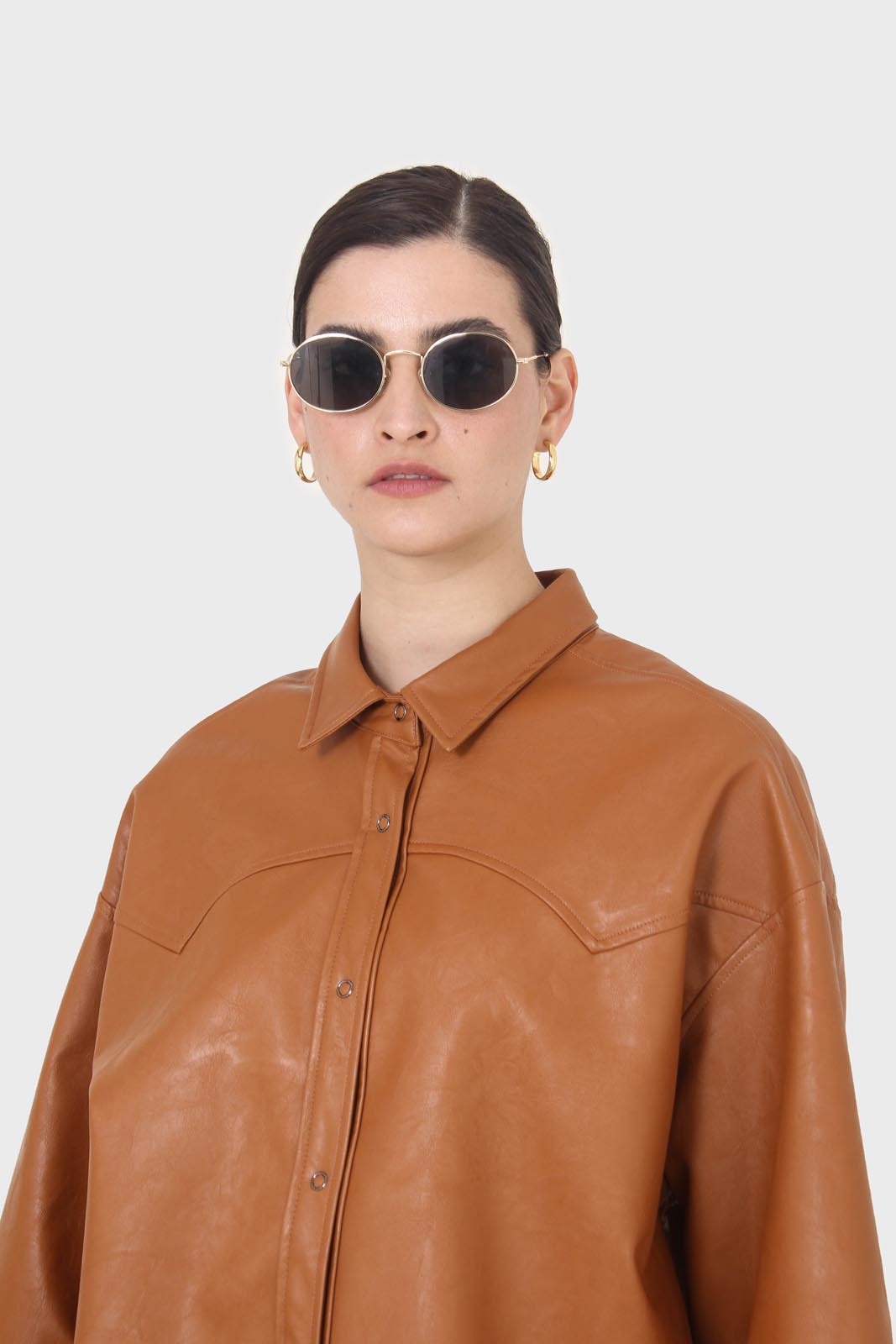 Camel vegan leather oversized shirt_13