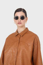 Camel vegan leather oversized shirt_13