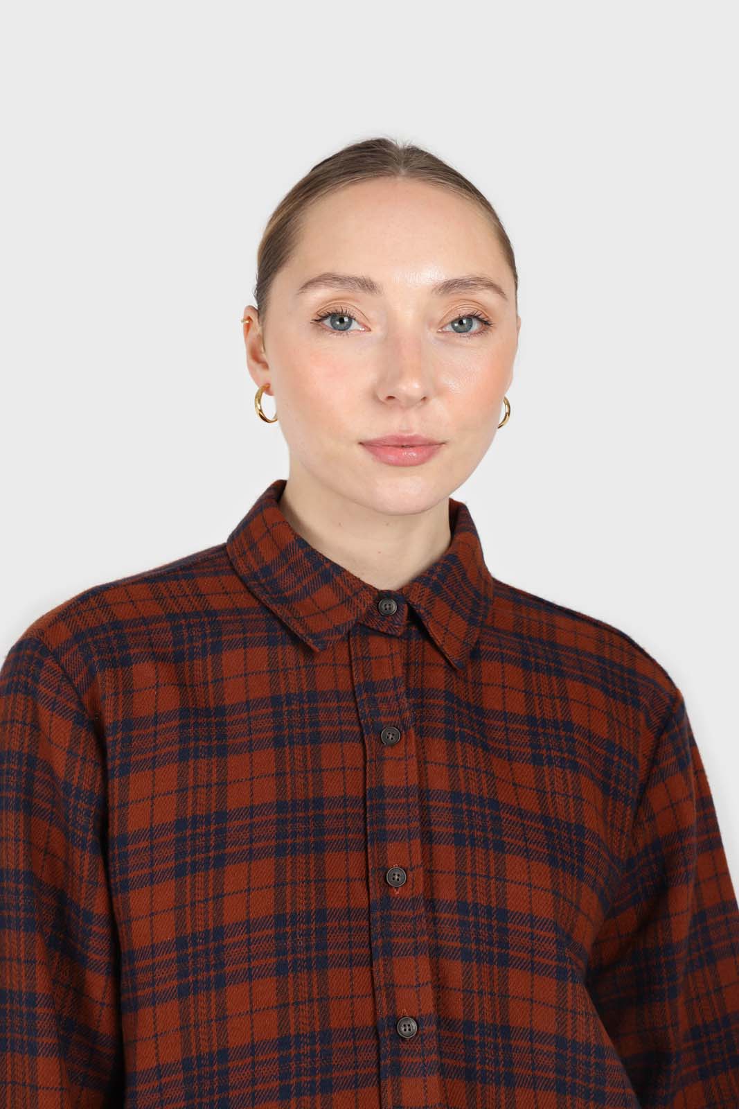 Brown and navy checked loose fit shirt_1