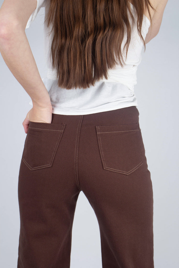 Brown and ivory contrast stitch flare trousers_7