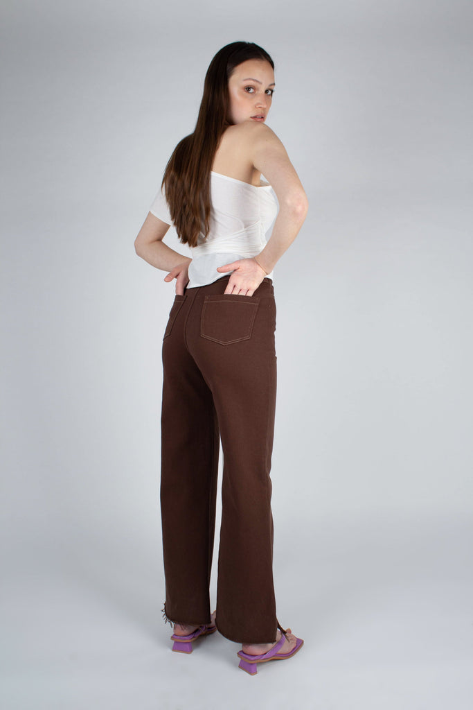 Brown and ivory contrast stitch flare trousers_4