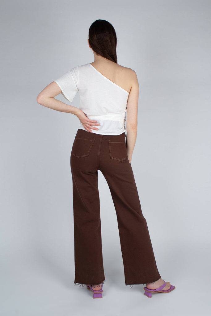 Brown and ivory contrast stitch flare trousers_6