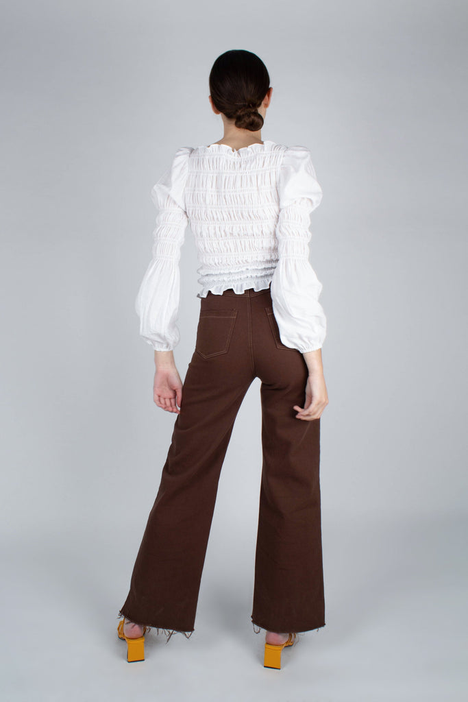 Brown and ivory contrast stitch flare trousers_8