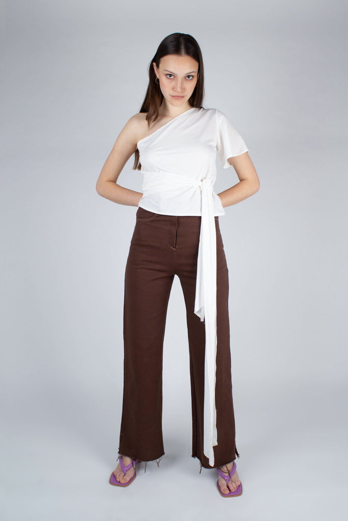 Brown and ivory contrast stitch flare trousers_3