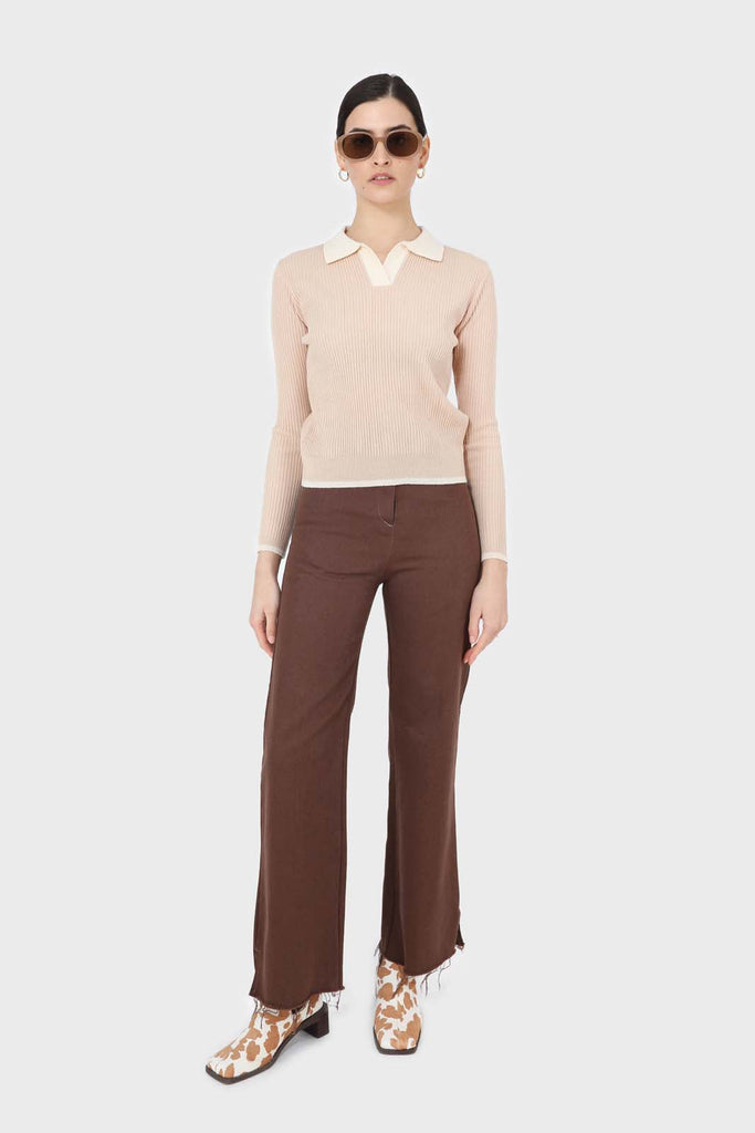 Brown and ivory contrast stitch flare trousers_1