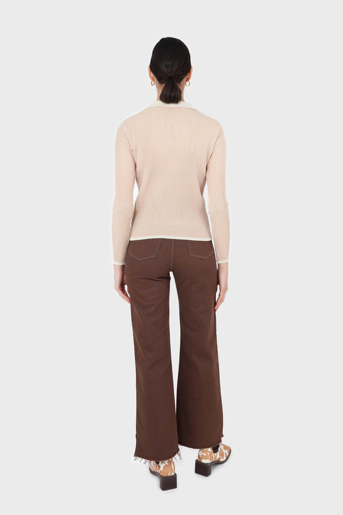 Brown and ivory contrast stitch flare trousers_2