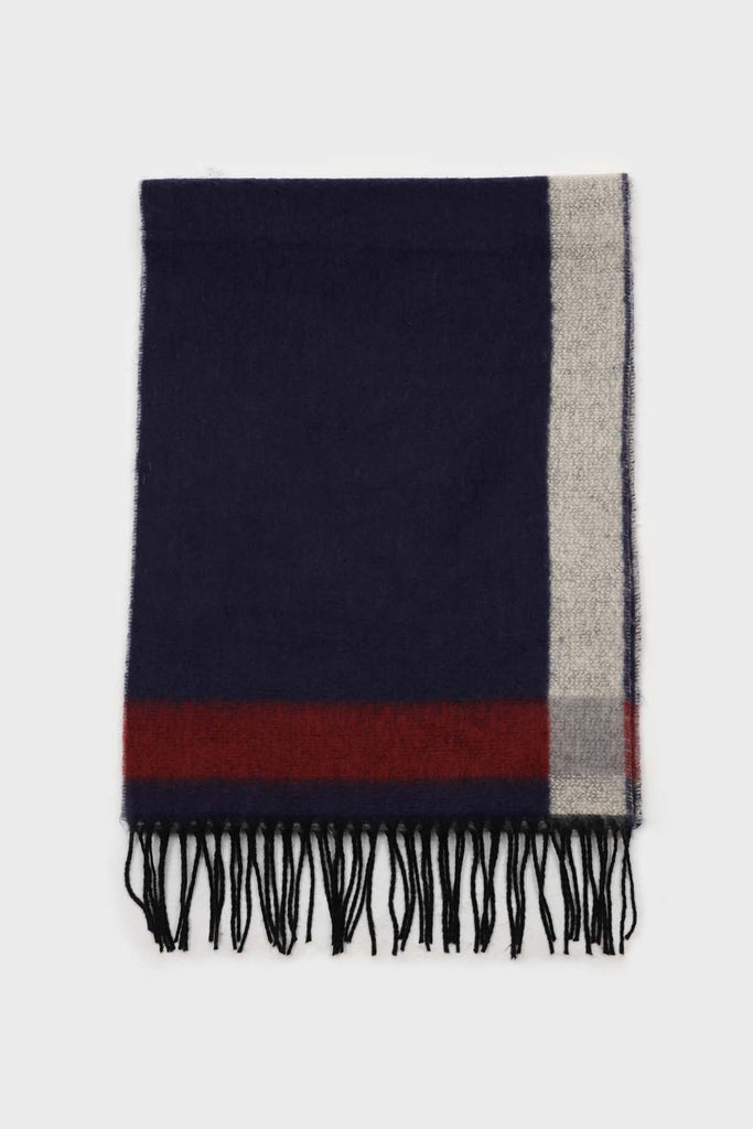 Navy and red contrast block fringe scarf_1