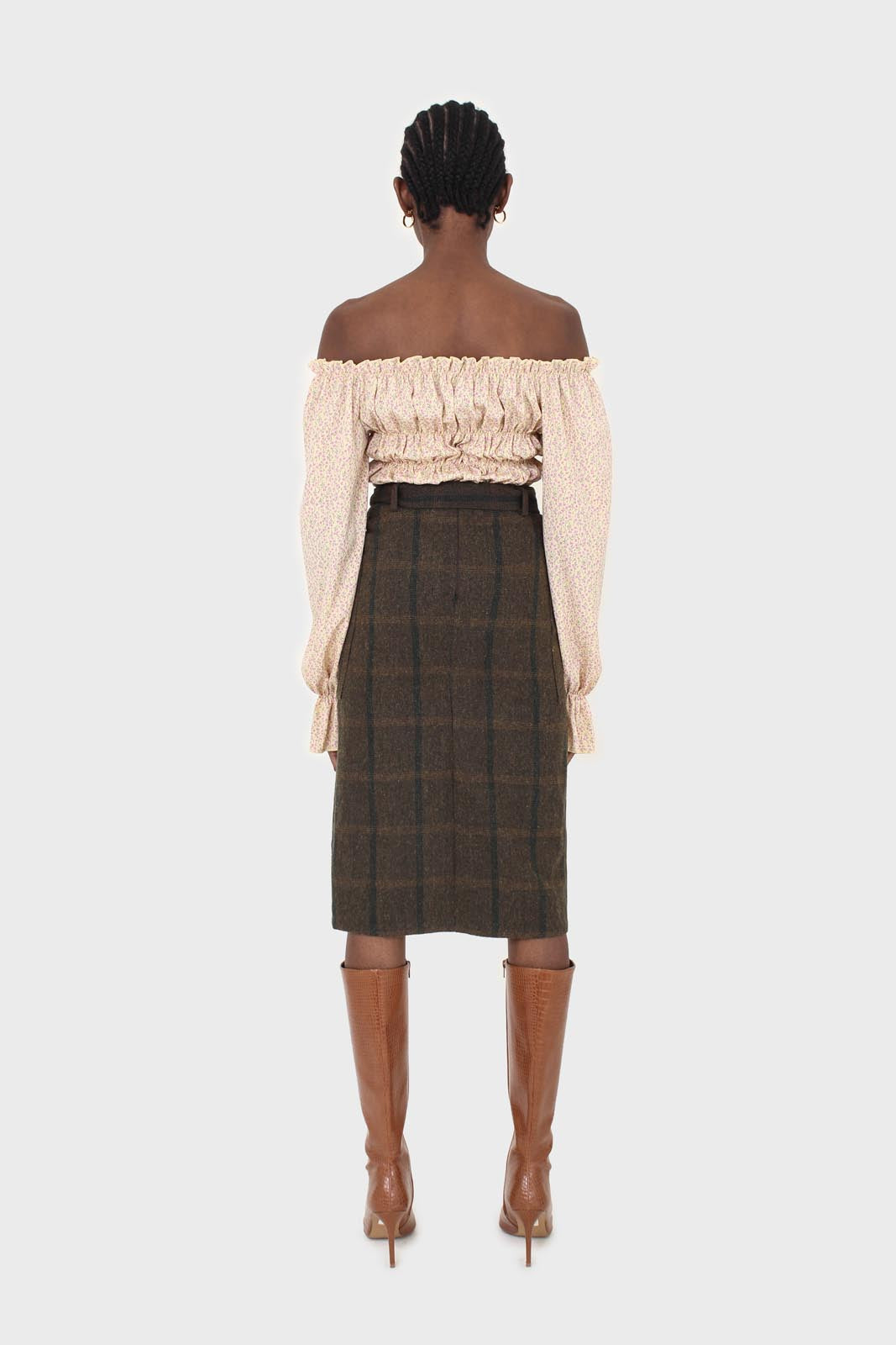 Khaki check belted wool midi skirt_5