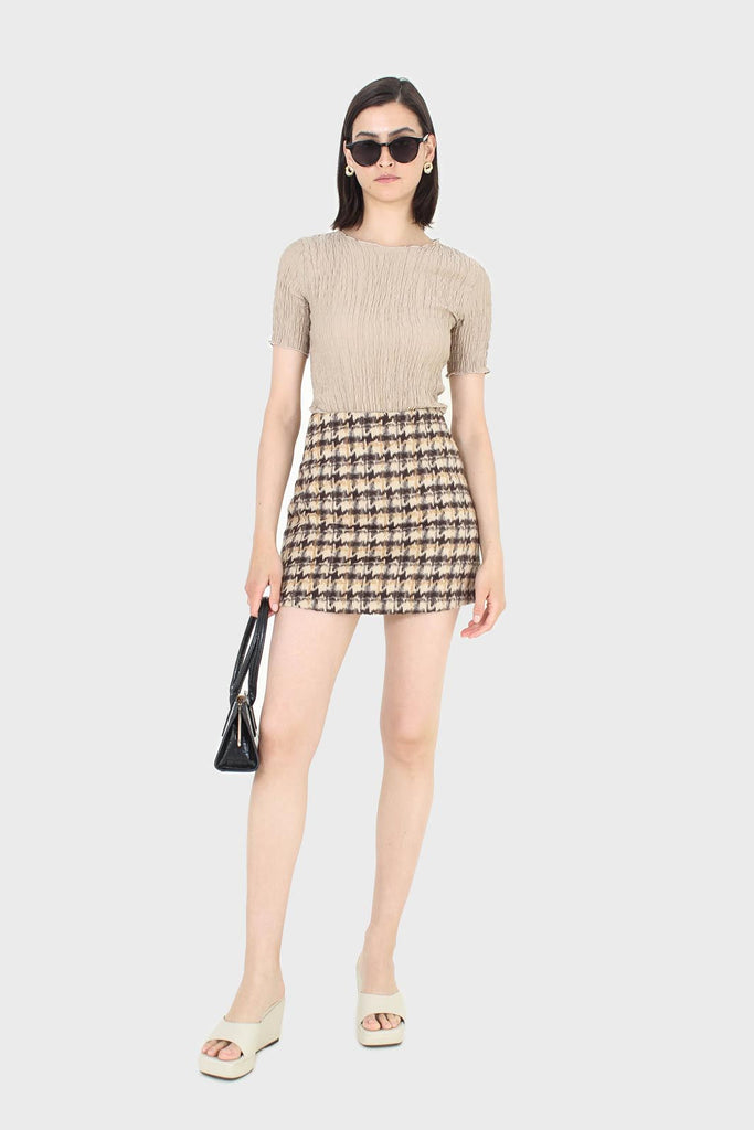 Brown houndstooth fuzzy mini skirt_4