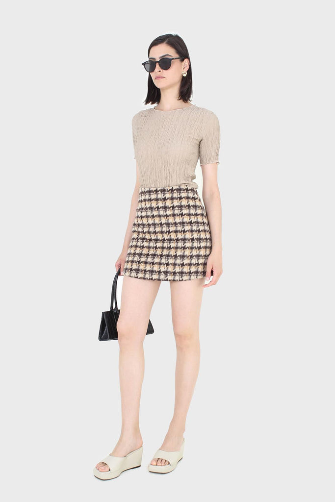 Brown houndstooth fuzzy mini skirt_1