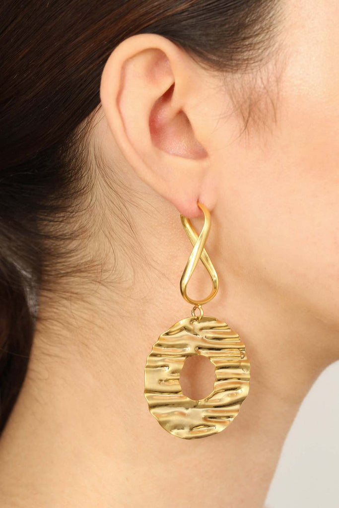 Gold large textured drop circle earrings_3