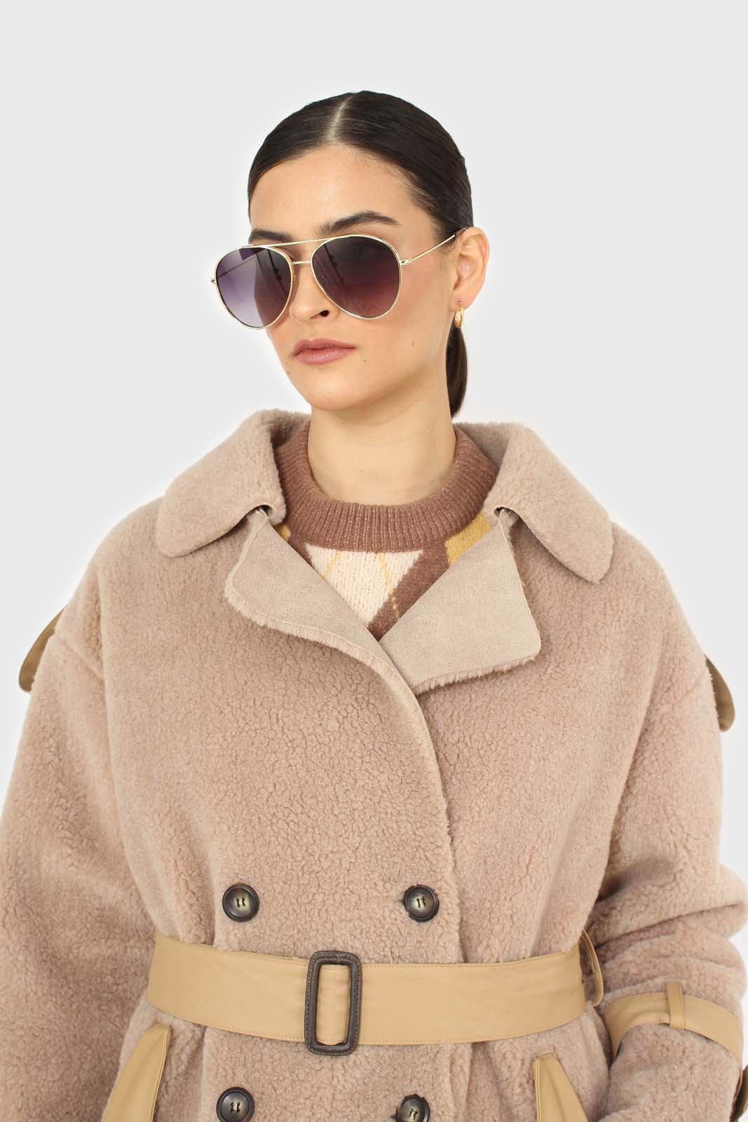 Beige vegan leather trim belted teddy coat_4
