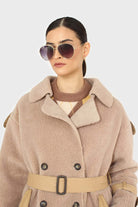 Beige vegan leather trim belted teddy coat_4