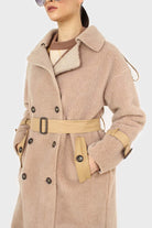 Beige vegan leather trim belted teddy coat_5