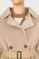 Beige vegan leather trim belted teddy coat_6