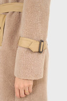 Beige vegan leather trim belted teddy coat_8