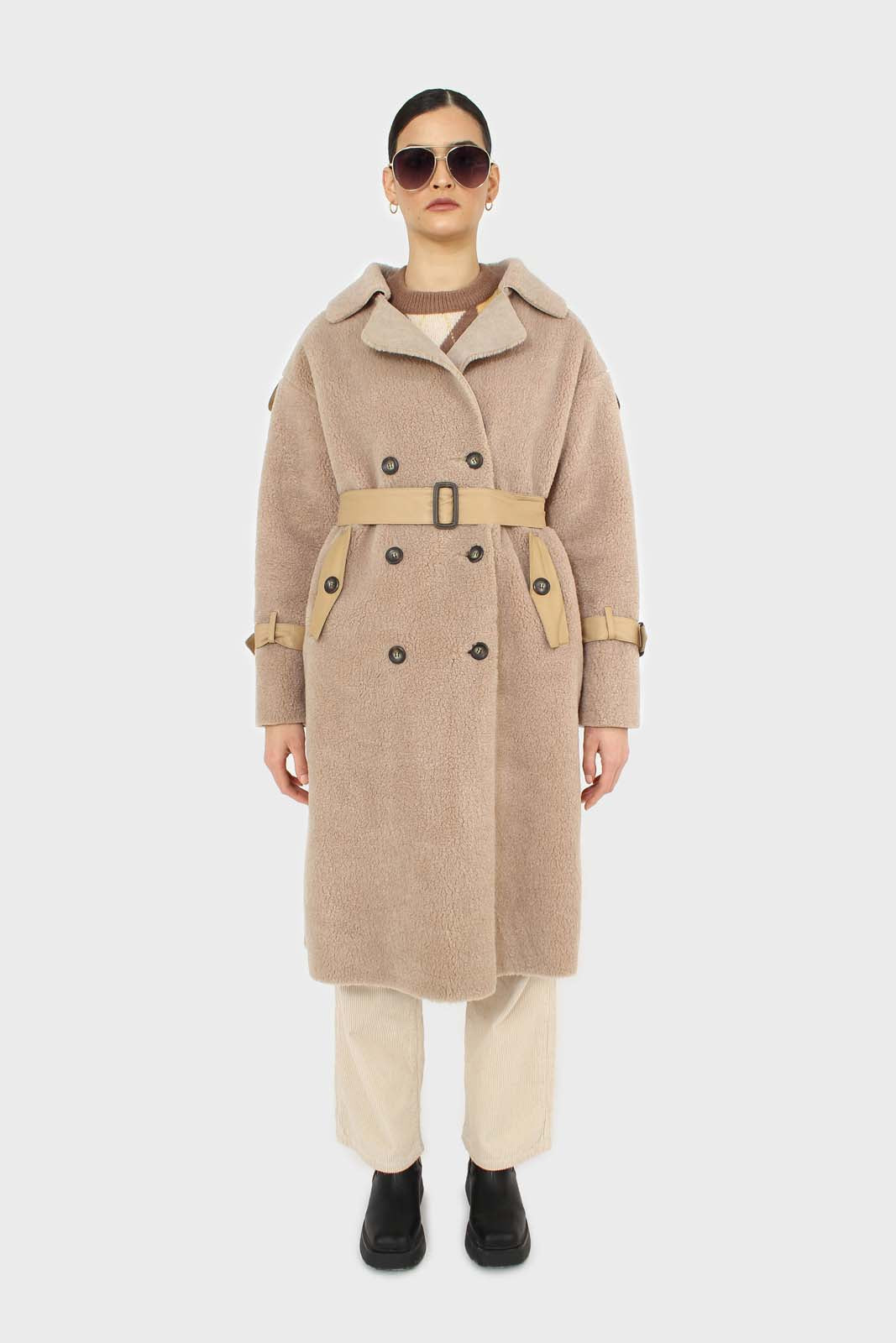 Beige vegan leather trim belted teddy coat_1