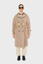 Beige vegan leather trim belted teddy coat_1