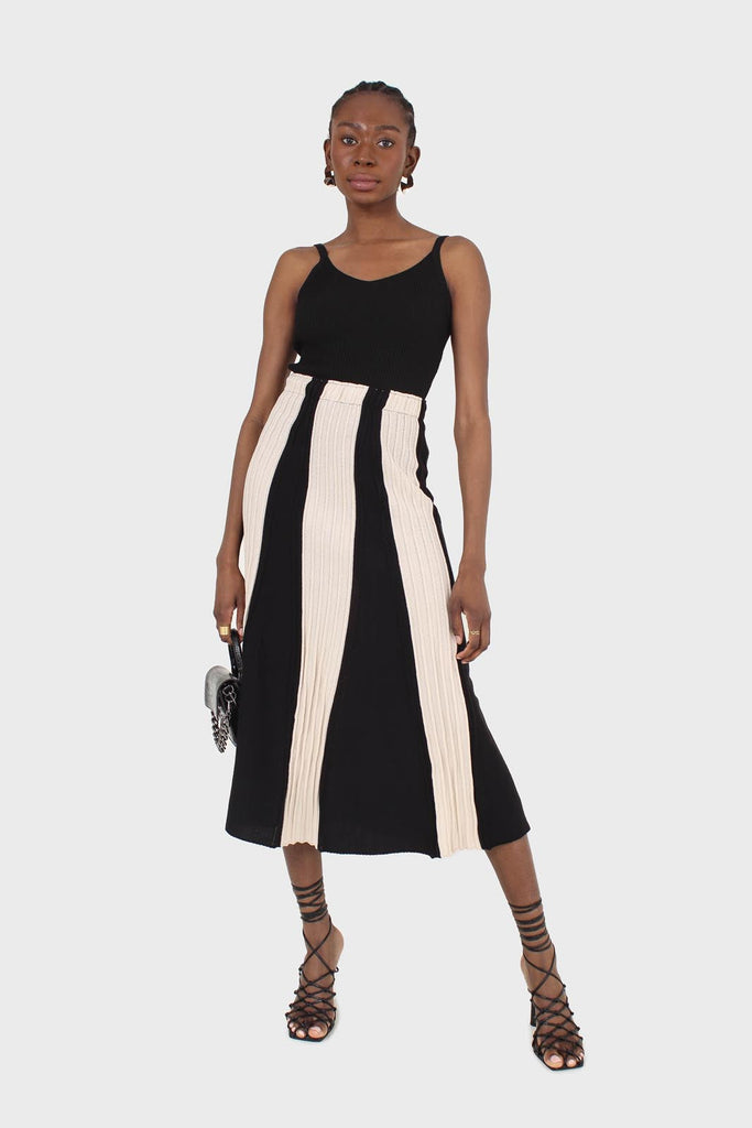 Black and ivory thick stripe flare knit midi skirt_1