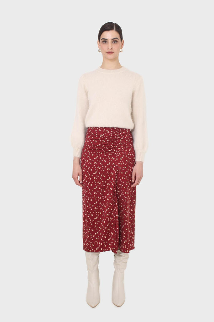 Red and yellow floral side shirring midi skirt_3
