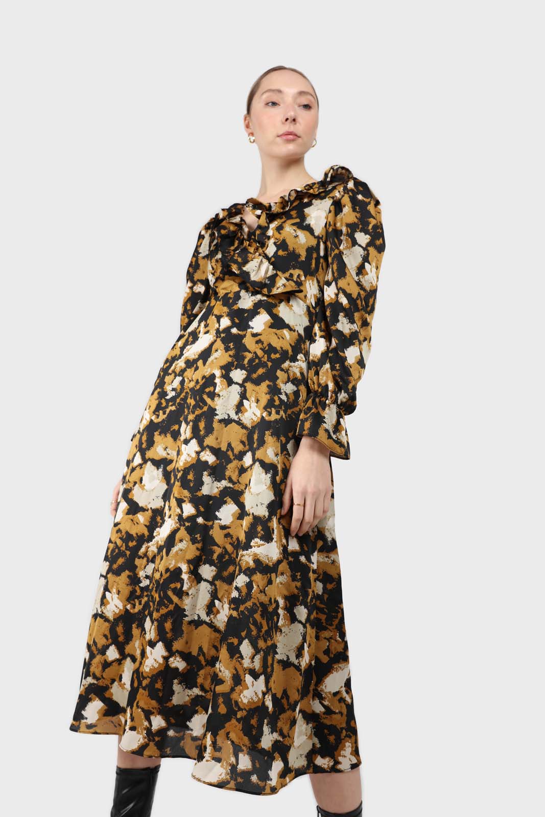Mustard and black printed wrap maxi dress_2