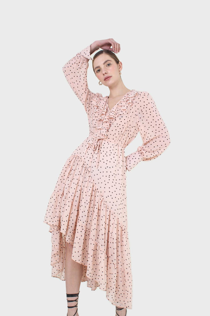 Pink and black polka dot long sleeved maxi dress_6