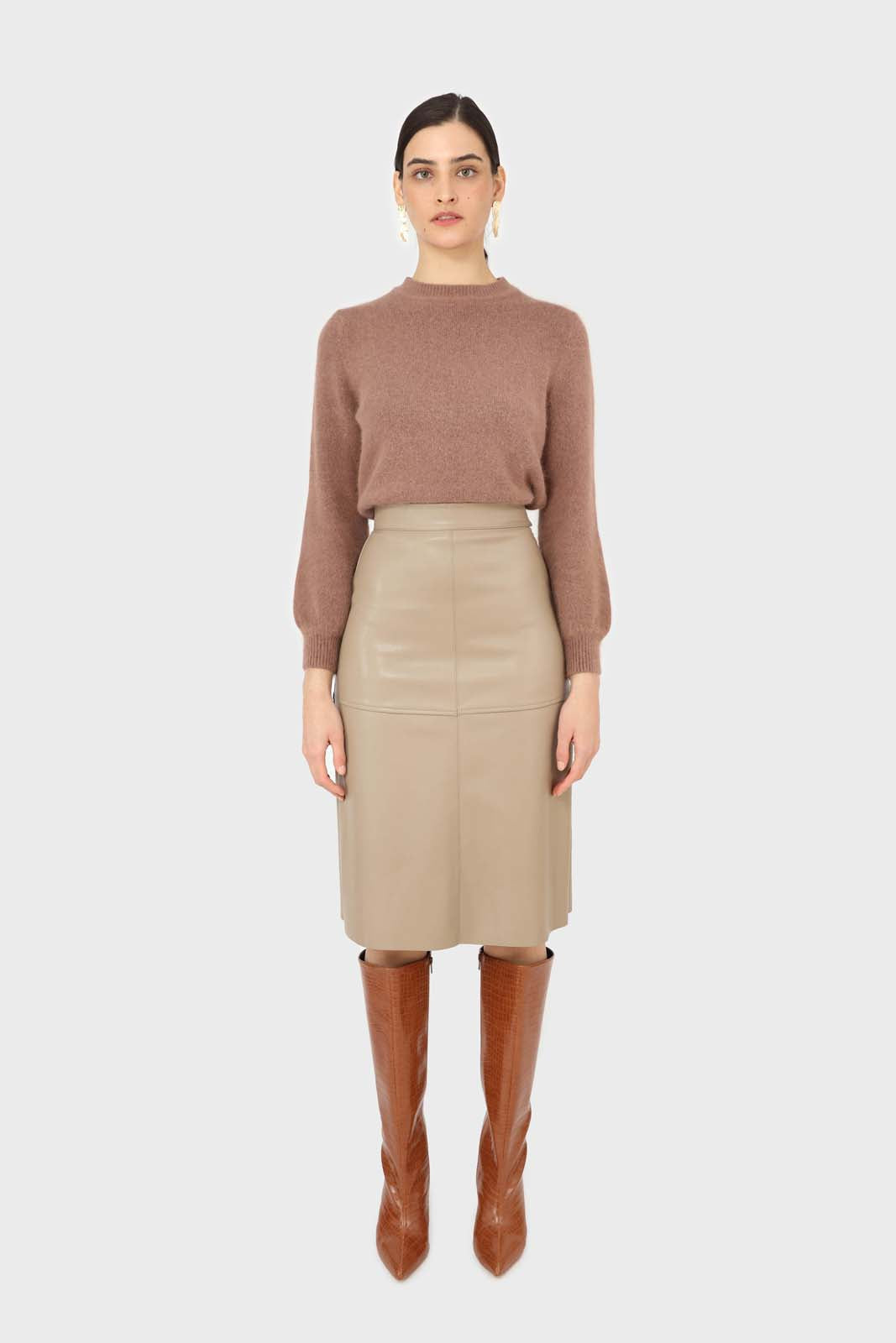 Beige vegan leather panelled midi skirt_1