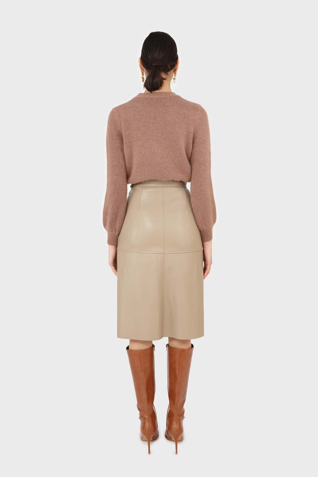 Beige vegan leather panelled midi skirt_4