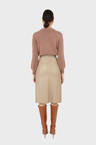 Beige vegan leather panelled midi skirt_4