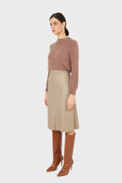 Beige vegan leather panelled midi skirt_5