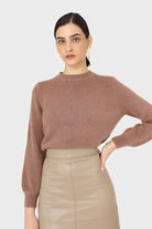 Beige vegan leather panelled midi skirt_6