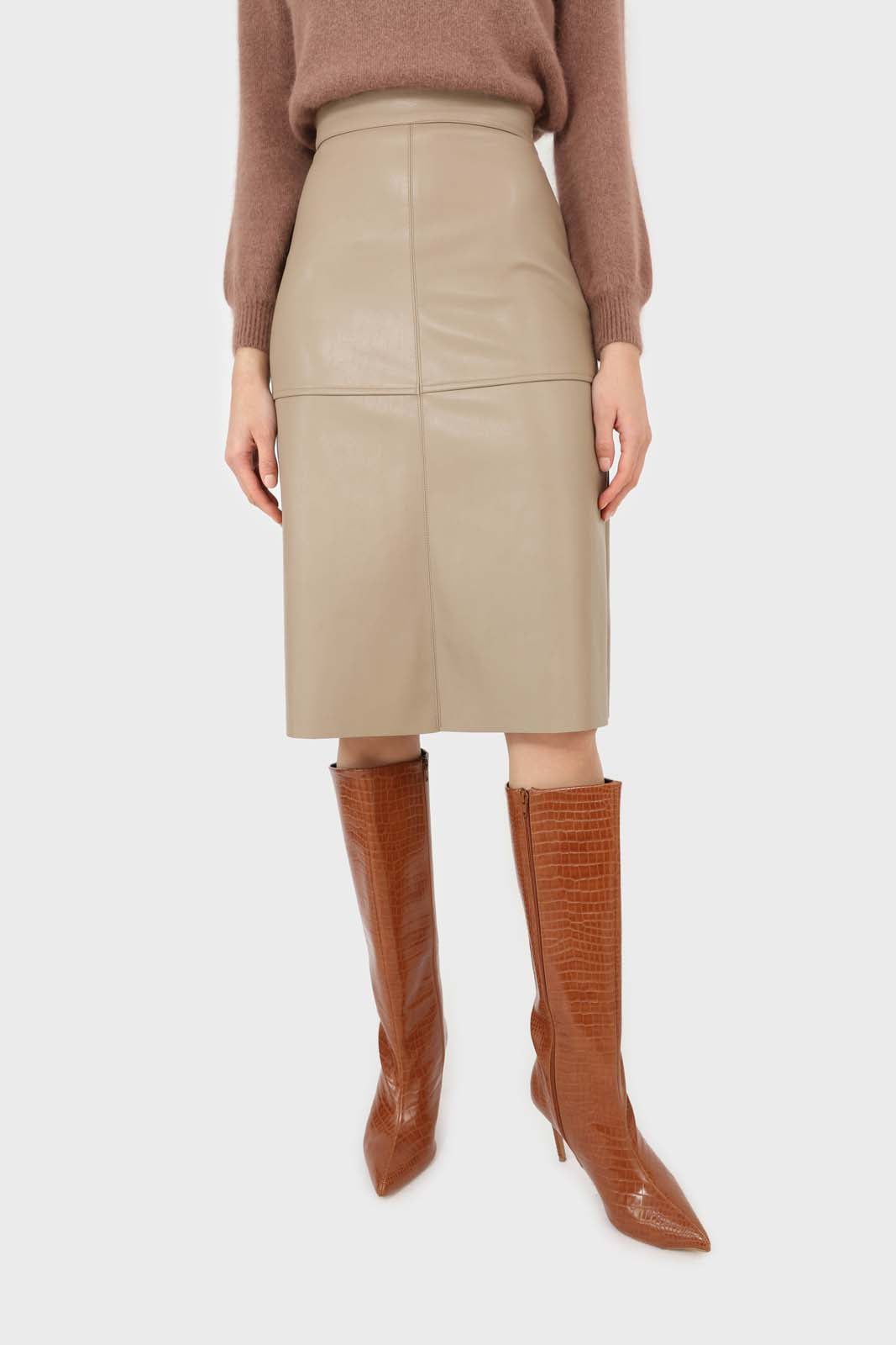Beige vegan leather panelled midi skirt_2