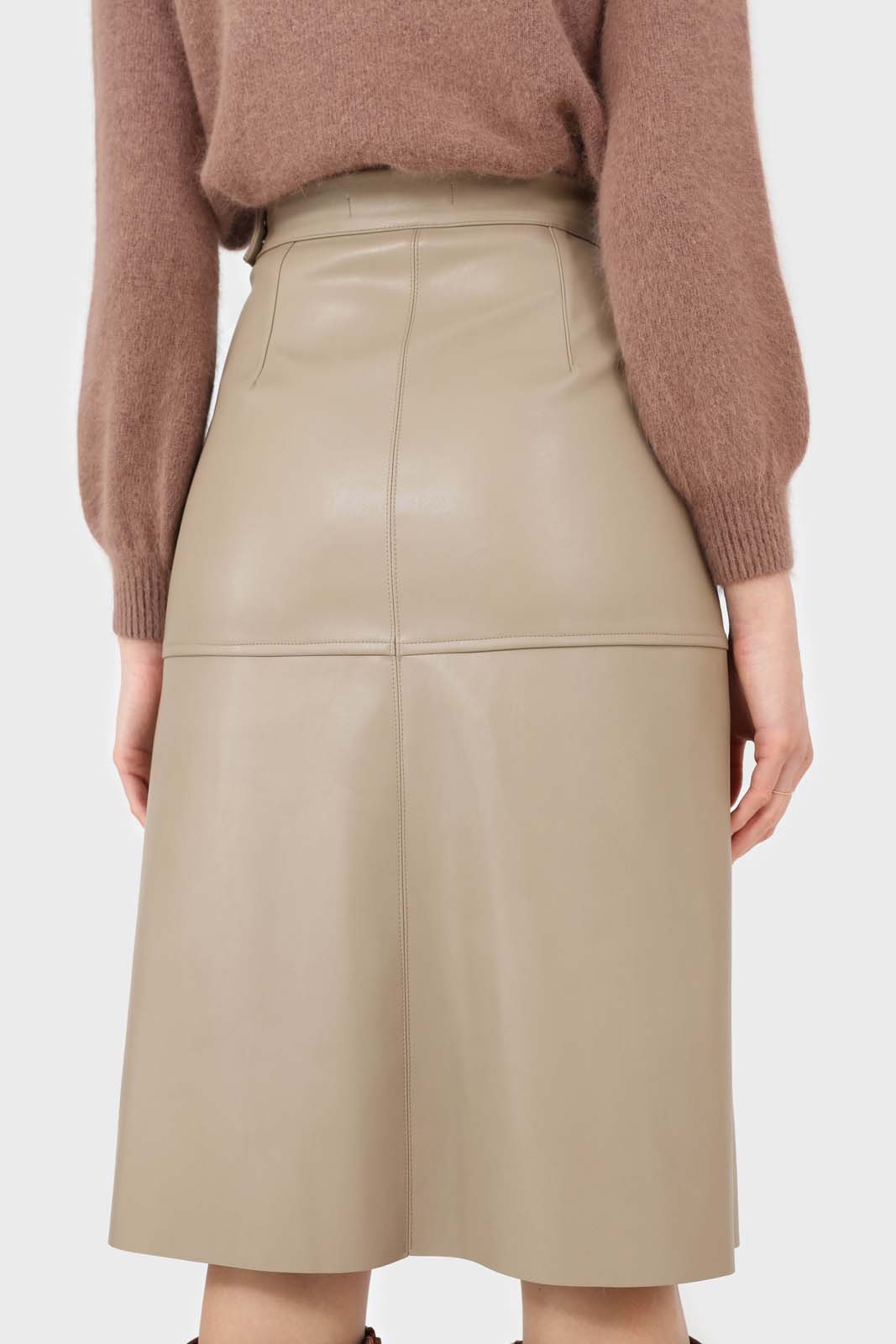 Beige vegan leather panelled midi skirt_3