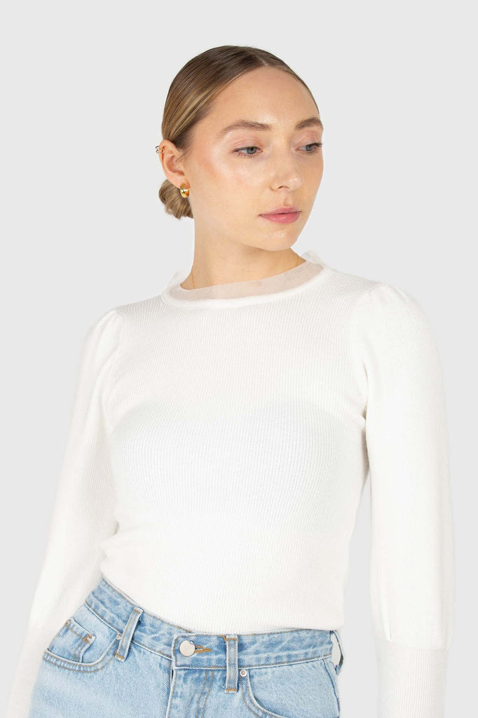 Ivory balloon sleeve frill tie neck knit top_1