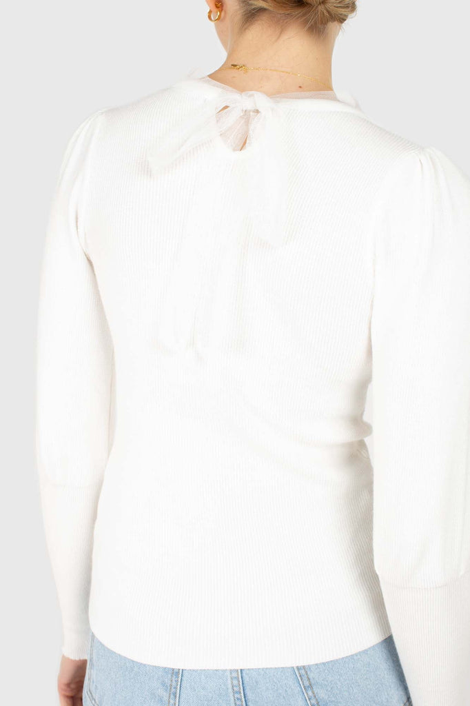 Ivory balloon sleeve frill tie neck knit top_4