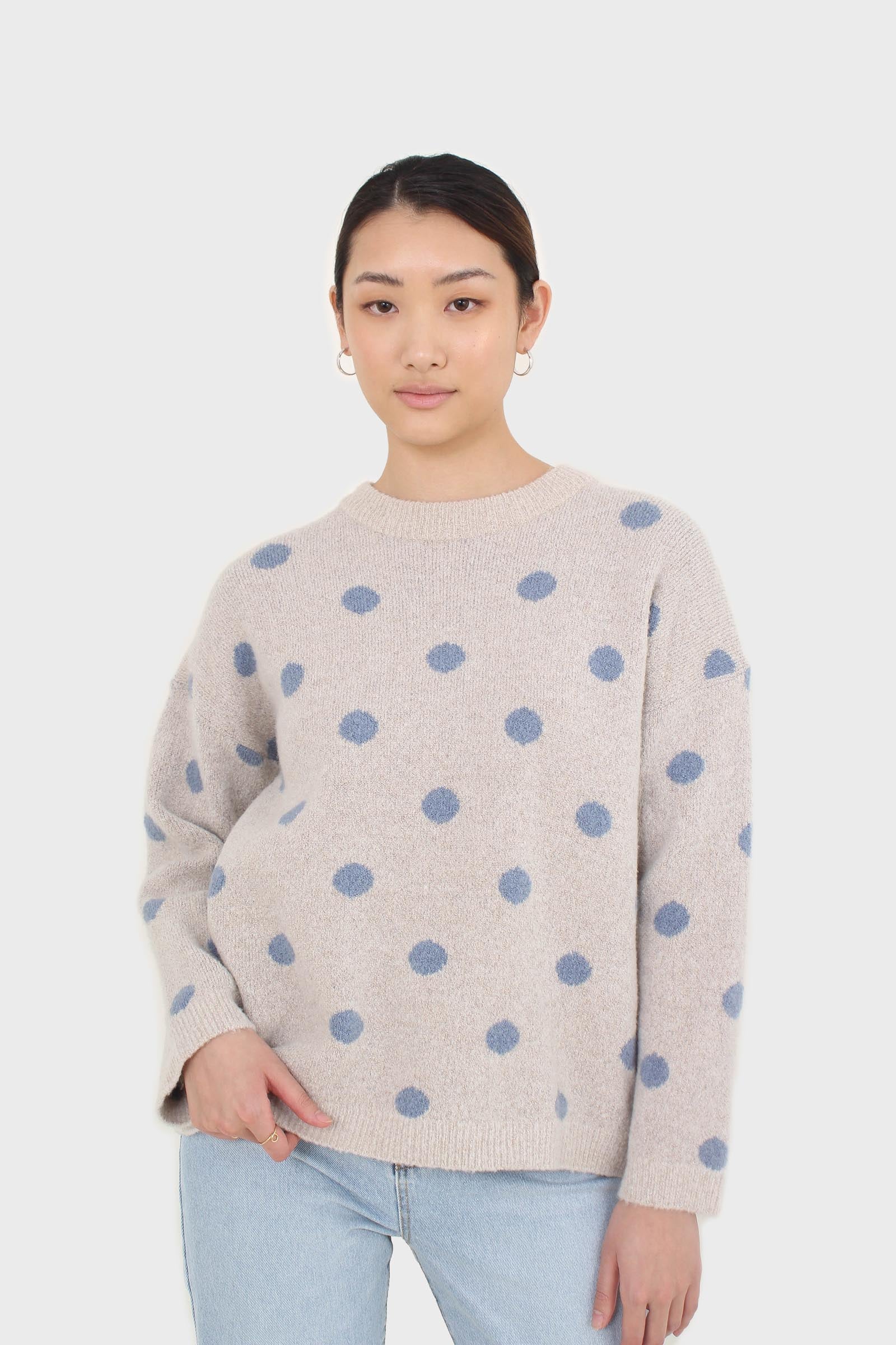 Beige and blue intarsia polka dot jumper_1