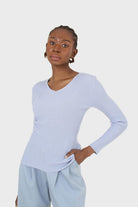 Light blue V-neck ribbed long sleeved knit_3