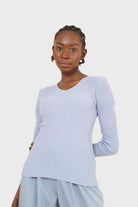 Light blue V-neck ribbed long sleeved knit_7