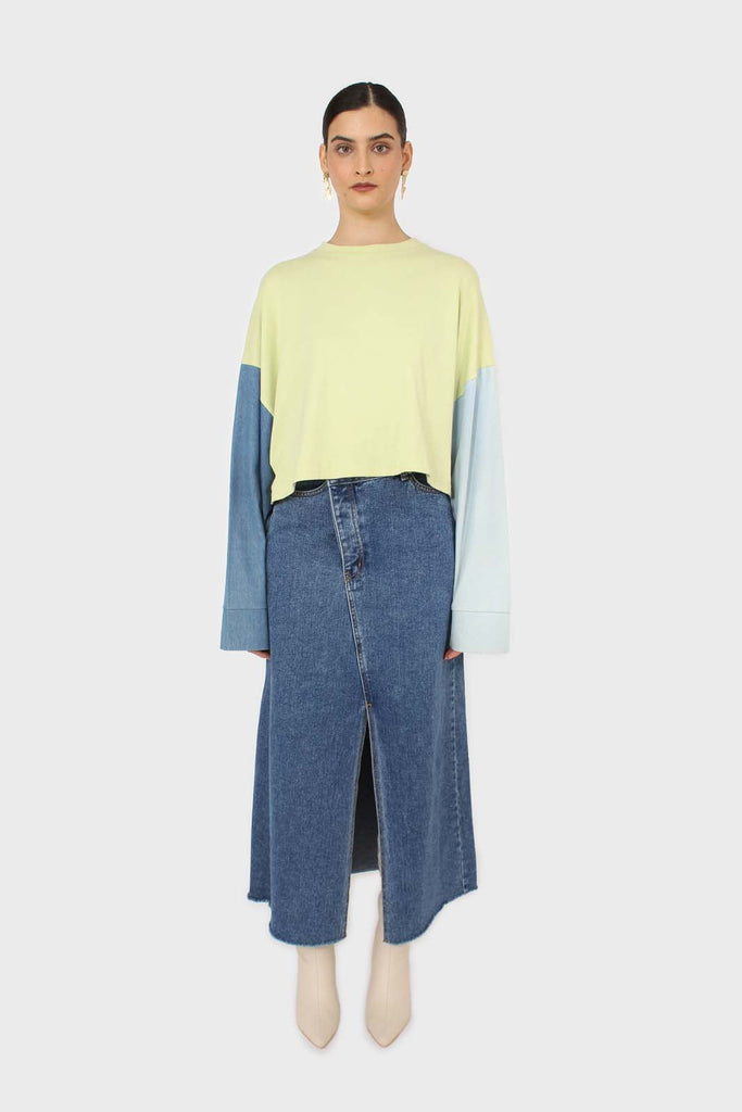 Lime denim colour block sleeve cropped top_3