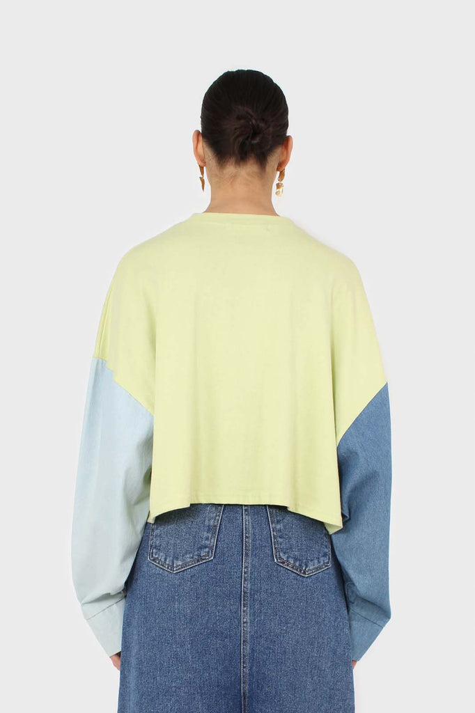 Lime denim colour block sleeve cropped top_2