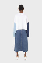White denim colour block sleeve cropped top_4