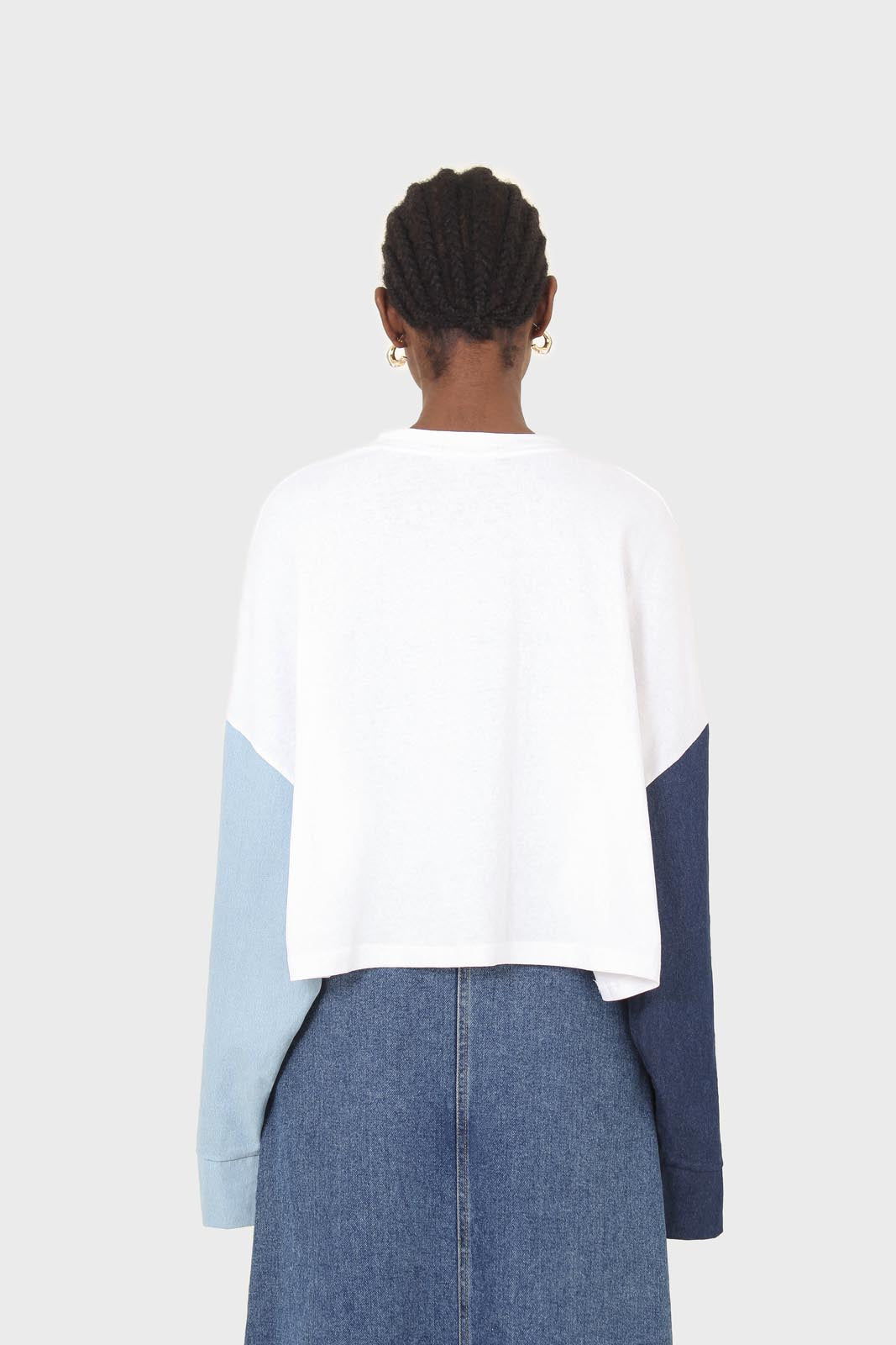 White denim colour block sleeve cropped top_2