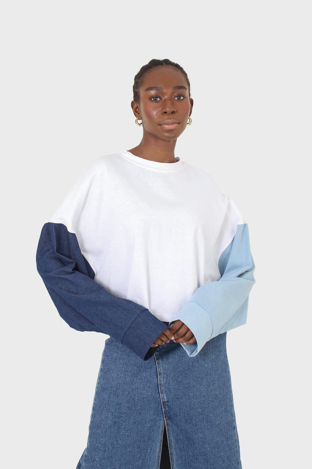 White denim colour block sleeve cropped top_1