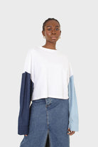 White denim colour block sleeve cropped top_8