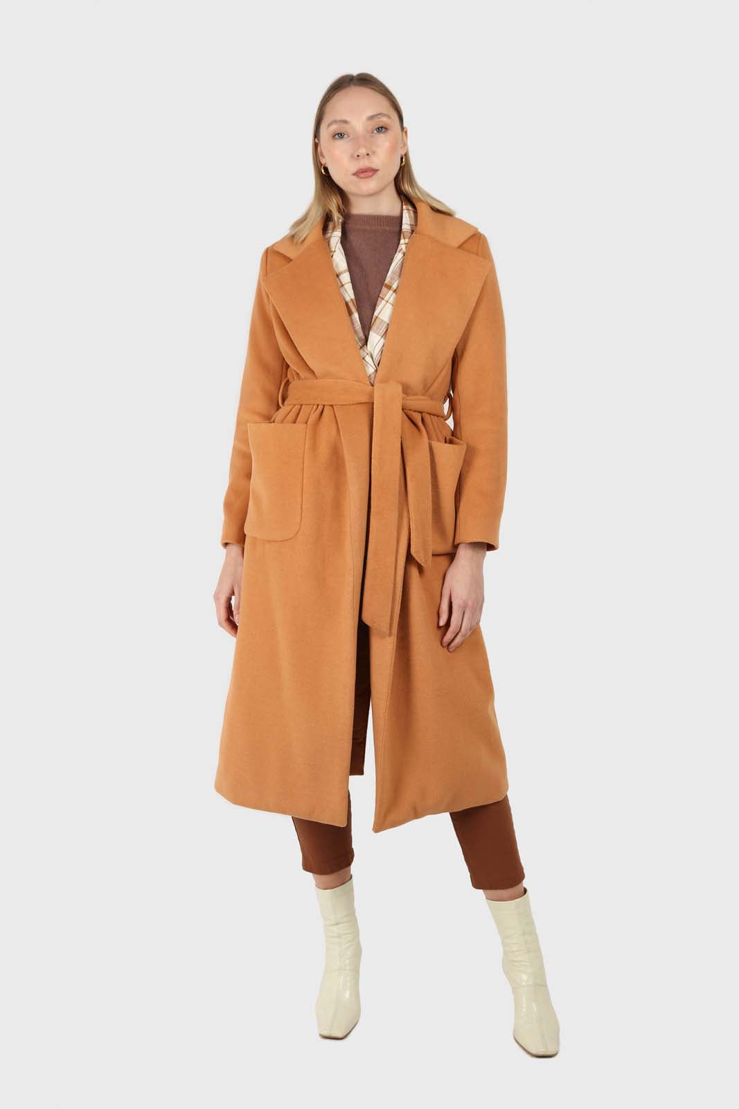 Camel soft wool belted long robe coat_1