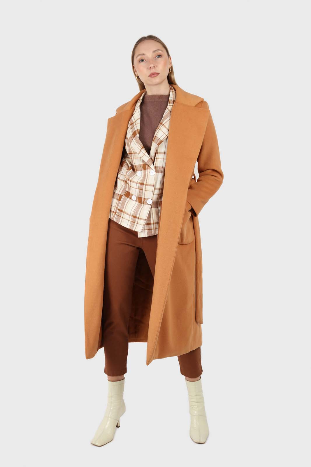 Camel soft wool belted long robe coat_2