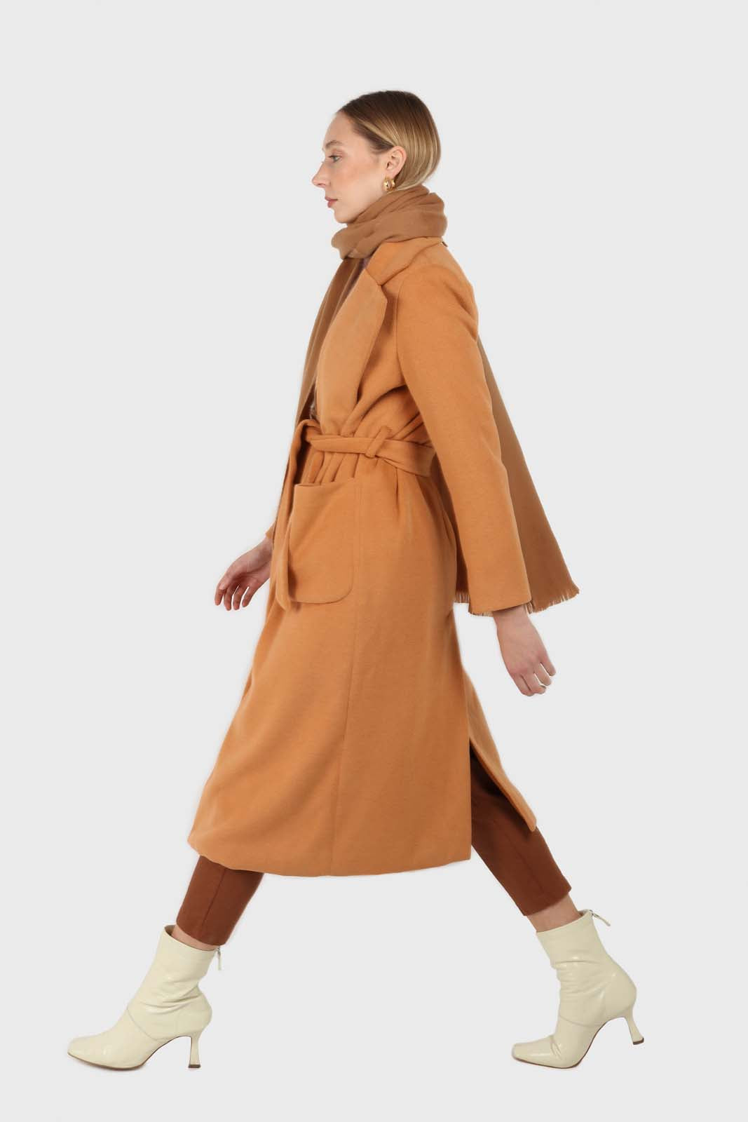Camel soft wool belted long robe coat_3